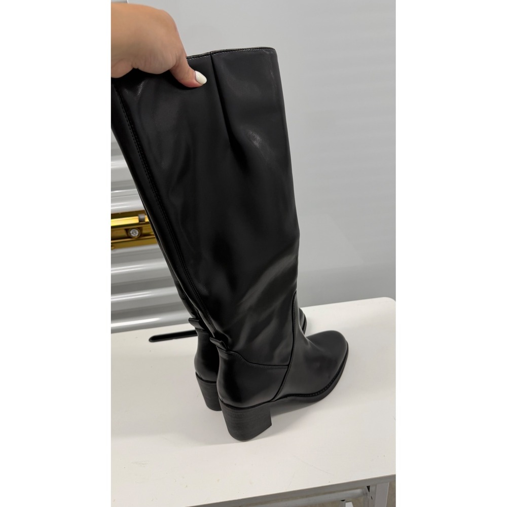 Black Knee High Block Heel Almond Toe Side Zip Boots Size 11